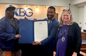 Delegate Josh Cole, Chris Williams, Victoria Matthews receiving Civil Rights Trail Resolution