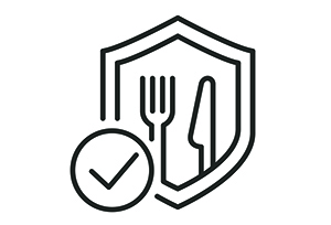 Graphic of fork and knife inside a shield with a checkmark.