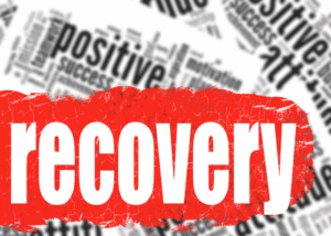 The word recovery in red with faded words around it.